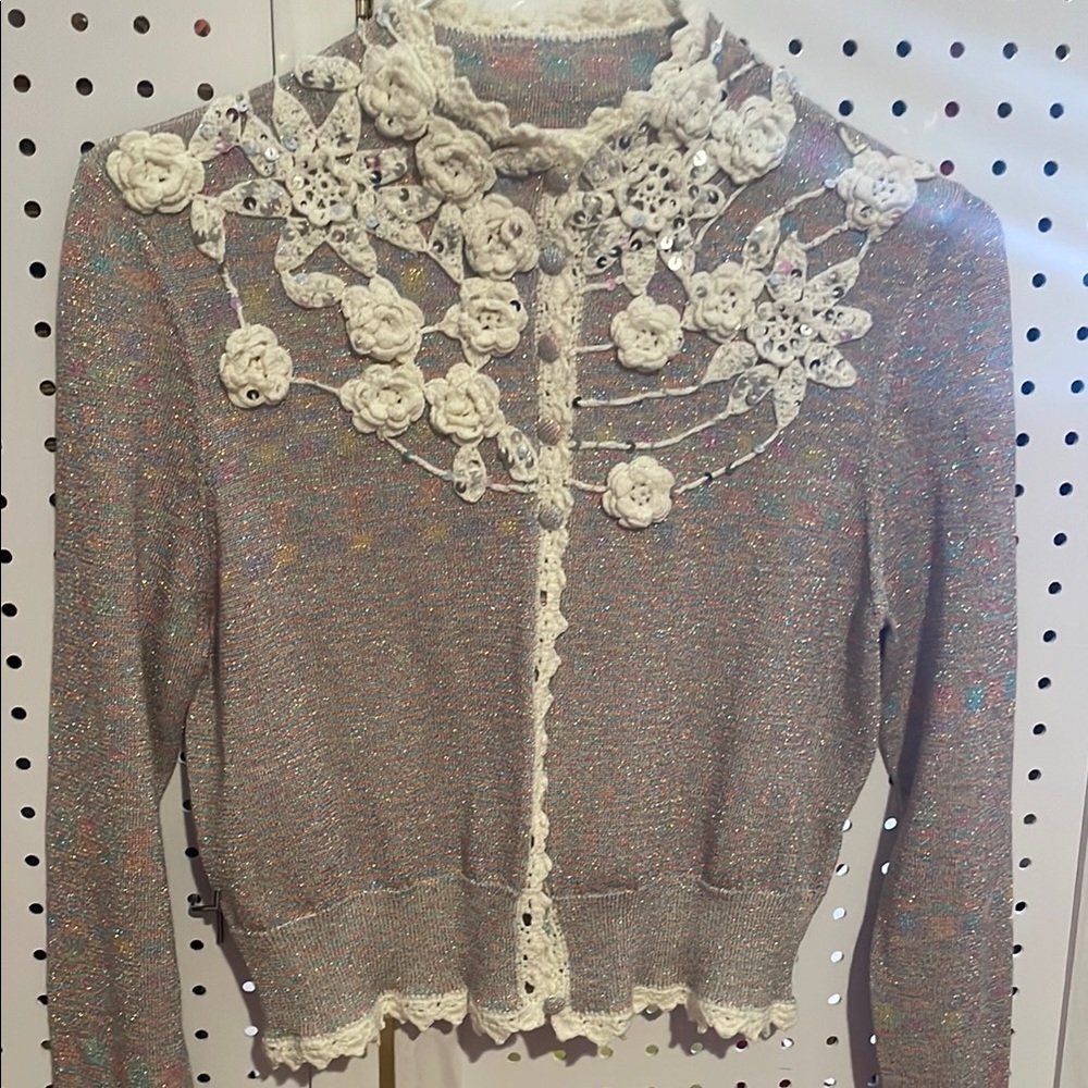 LoveShackFancy Gray and White Lace Cardigan